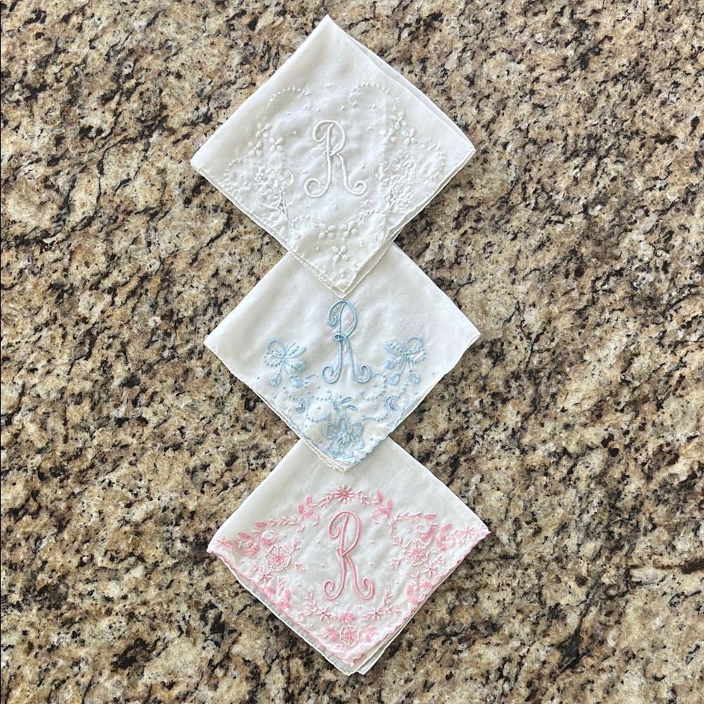 Vintage Embroidered White Monogram 'R' Handkerchief. Set of 3